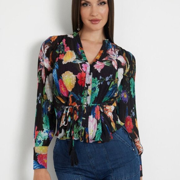 NWT Guess Lisette Printed Long-Sleeve Tie-Front Top M - Picture 1 of 16